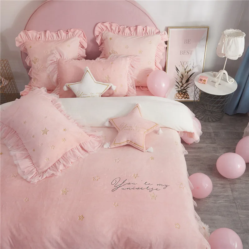 

2020 New Princess Style Lace Golden Sun Velvet Gradient Color Double-sided Velvet Four-piece Warm Autumn and Winter Bedding