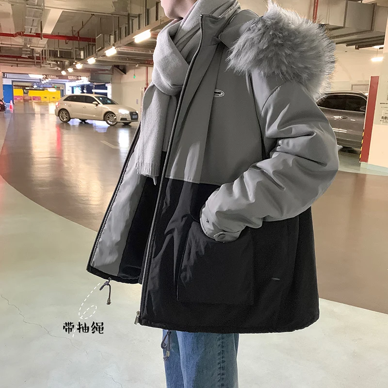 

Winter Long Coat Men Warm Thick Fashion Parka Men Contrast Color Fur Collar Hooded Coat Man Streetwear Cotton Couple Jacket Male