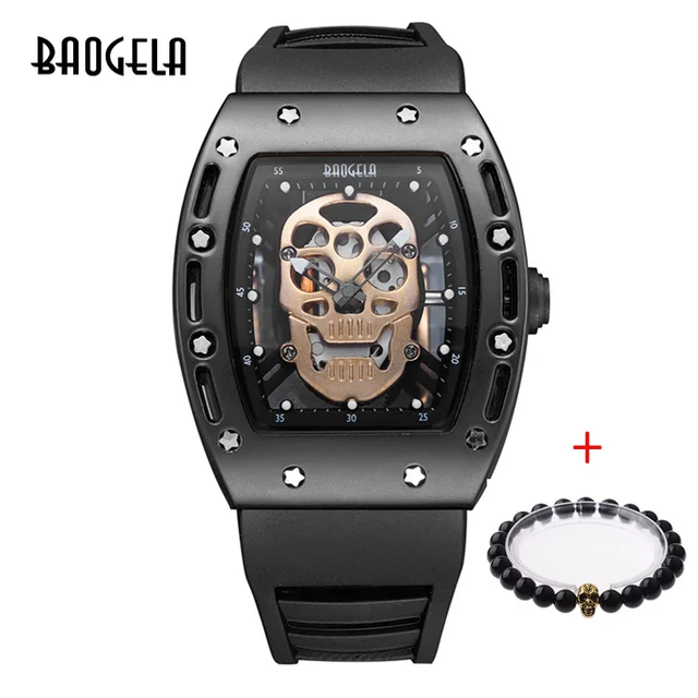 Baogela hommes mode militaire bracelet en Silicone Rectangle cadran crâne visage Sport Quartz montres BGL1612G-1 1612HM