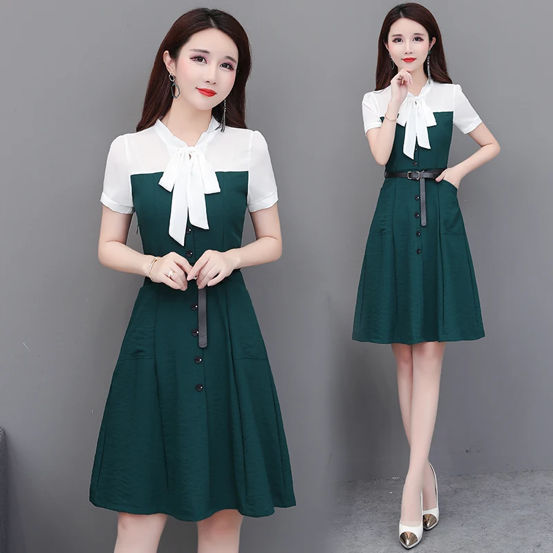 

Bow Chiffon Belt Tow Colours Patchwork French Dress 2020 Spring Temperament Slim Thin Natural Regular Short Sleeve Dress