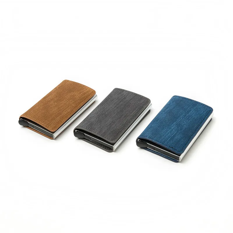 Wallet Card Holder RFID Blocking Anti-theft Clutch Single Box Men Women Denim Business Pop-up Metal ID Case