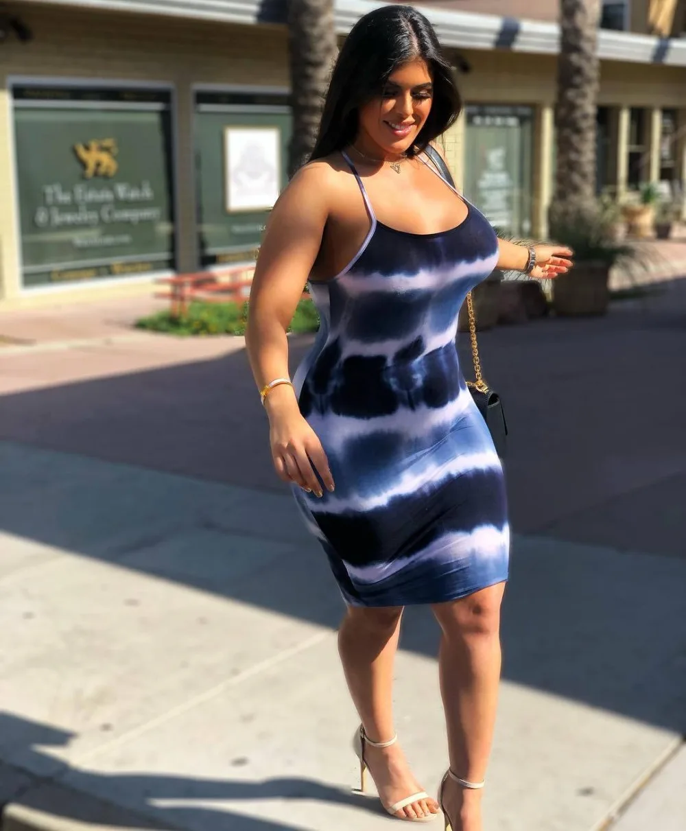 women summer spaghetti strap sleeveless open back knee length tie dyed midi dress beach sexy bodycon dresses 2 color DK8030
