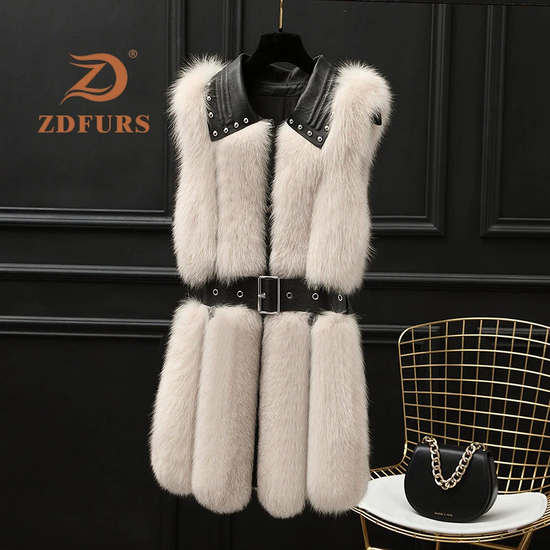 ZDFURS* зимний женский жилет из натурального Лисьего меха, модные заклепки, овчина, Воротник из натурального Лисьего меха, длинный женский жилет без рукавов