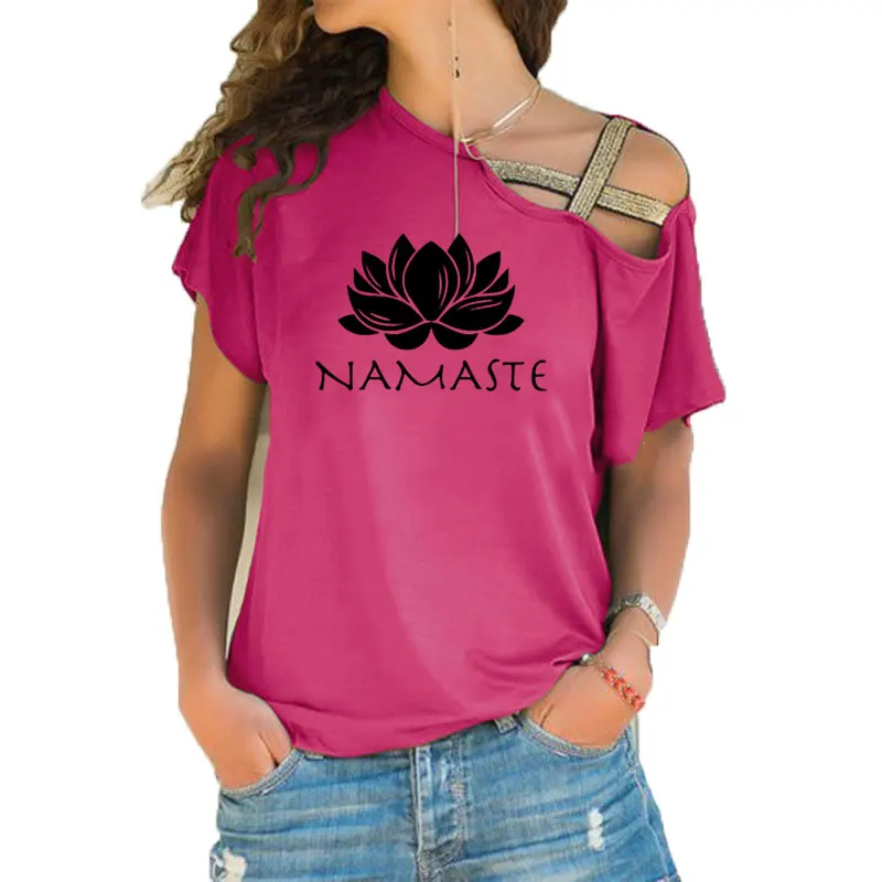 Модная женская одежда, футболка с принтом Намасте, женская футболка с коротким рукавом, женские топы, одежда, Асимметричная футболка с перекрестной повязкой для девочек