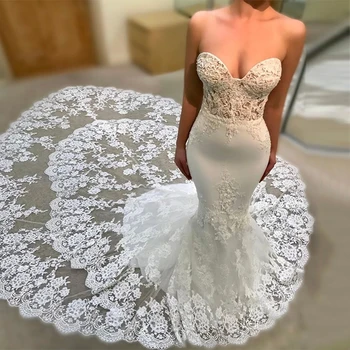 

Custom Made Luxury Spaghetti Straps Floral Lace Backless Tiered Chapel Train Mermaid Crepe Wedding Dress 2020