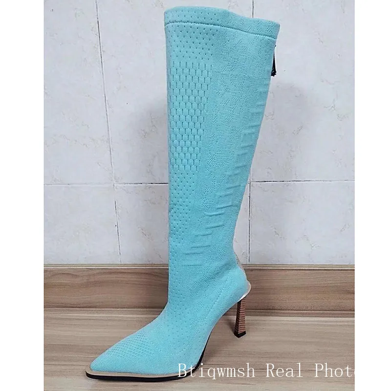 sky blue long boots Вязаные эластичные сапоги до колена; женская обувь с острым носком и вышивкой на необычном высоком каблуке; женские эластичные ботильоны для подиума - Цвет: sky blue long boots