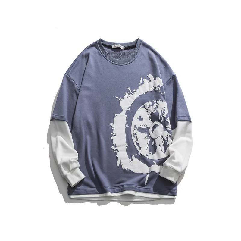 

Japanese round Neck Long-Sleeved Men's Sweatshirt Autumn Fake Two-Piece Cotton All-match Loose Causal Pullover