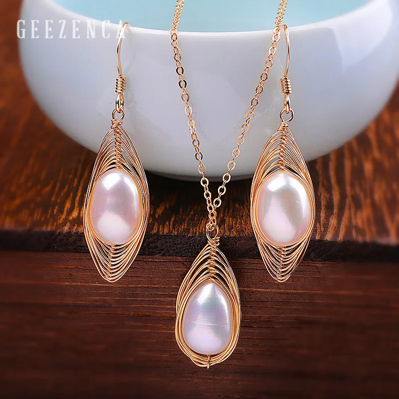 

925 Sterling Silver Baroque Pearl Jewelry Set 14K Roll Gold Earrings Necklace Handcrafted Fine Jewelry Women Italy Design Trendy