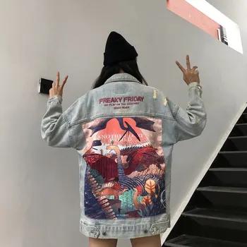 

chic dinosaur printed and pasted denim New Korean version of jacket in spring of 2019