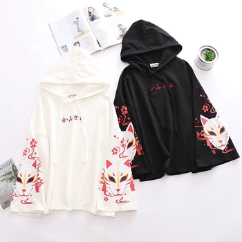 

Mori Girl Loose Hooded Long sleeve Sweatshirt Harajuku Kawaii Vintage Fushimi Inari Shrine Fox Printed Hoodies Leisure Pullover