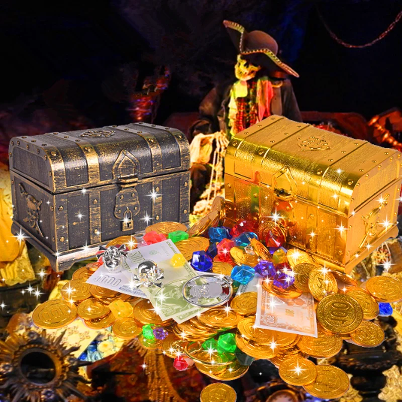 Treasure Hunting Box Children Treasure Box Retro Plastic Large Box Toy Gold Coins and Pirate Gems Jewelry Playset Pack