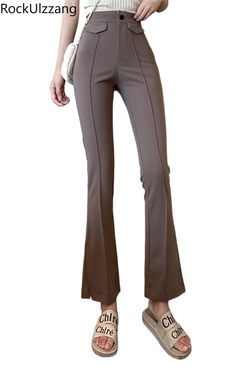 Summer Slim Solid Office Ladies Fashion Flare Split Pant Women Sexy High Waist Elegant Simple Suit Ankle Length Trouser Bandage | Женская