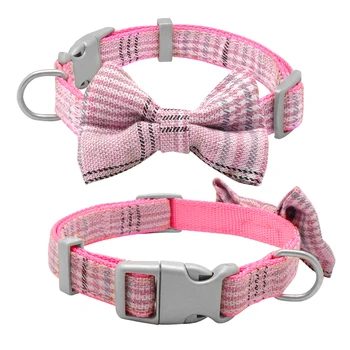 

Nylon Dog Collar And Leash Set Adjustable Dog Collar With Cute Plaid Bow Tie For Small Medium Dogs Pet Accessories Pink Blue
