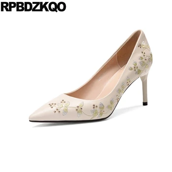 

embroidery pointed toe high heels embroidered shoes size 4 34 stiletto beige quality genuine leather 3 inch 33 2019 women pumps