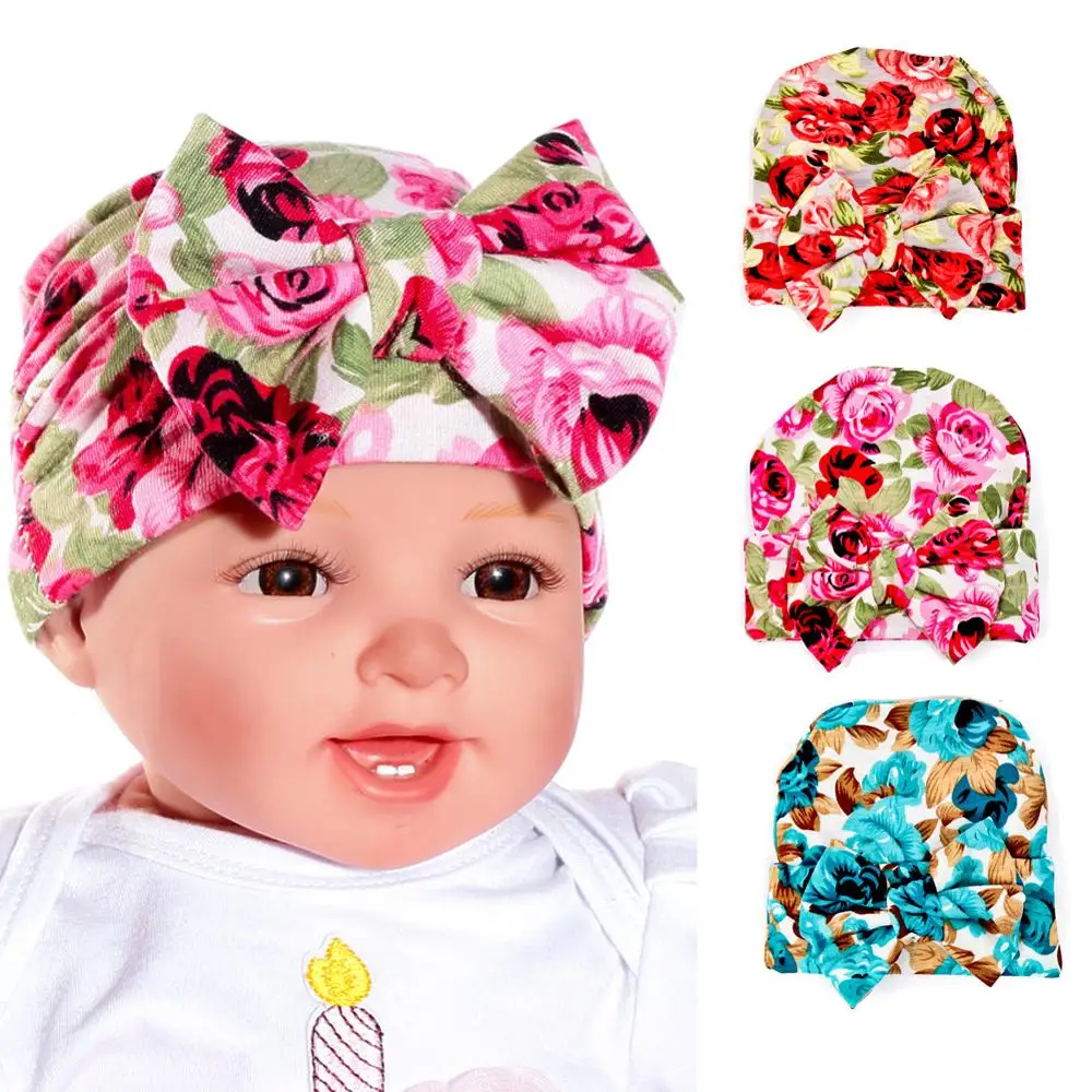 

Newborn Cotton Soft Children Printing Rose Big Bowknot Bonnet Toddler Girl Elasticity Head Wraps Caps Newborn Child Hats
