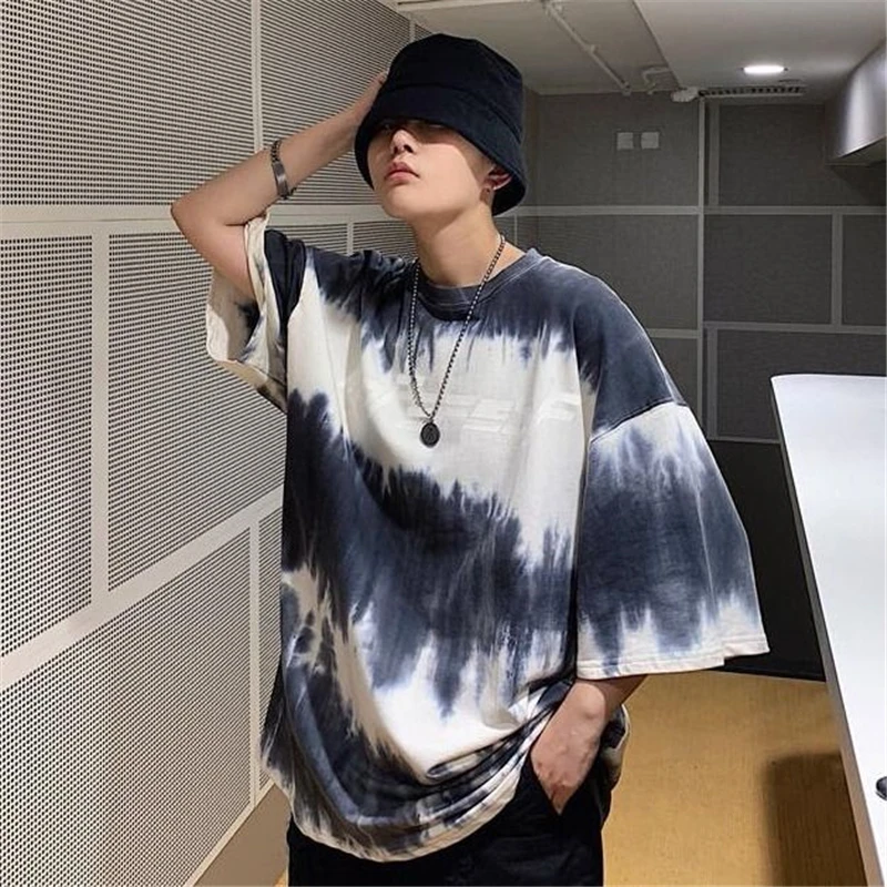 

2020 Gradient Tie dye tops Short-sleeved T-shirt men tshirt Male Students Loose Personality Five-point Half-sleeved Mens Clothes