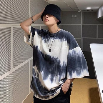 

2020 Gradient Tie dye tops Short-sleeved T-shirt men tshirt Male Students Loose Personality Five-point Half-sleeved Mens Clothes