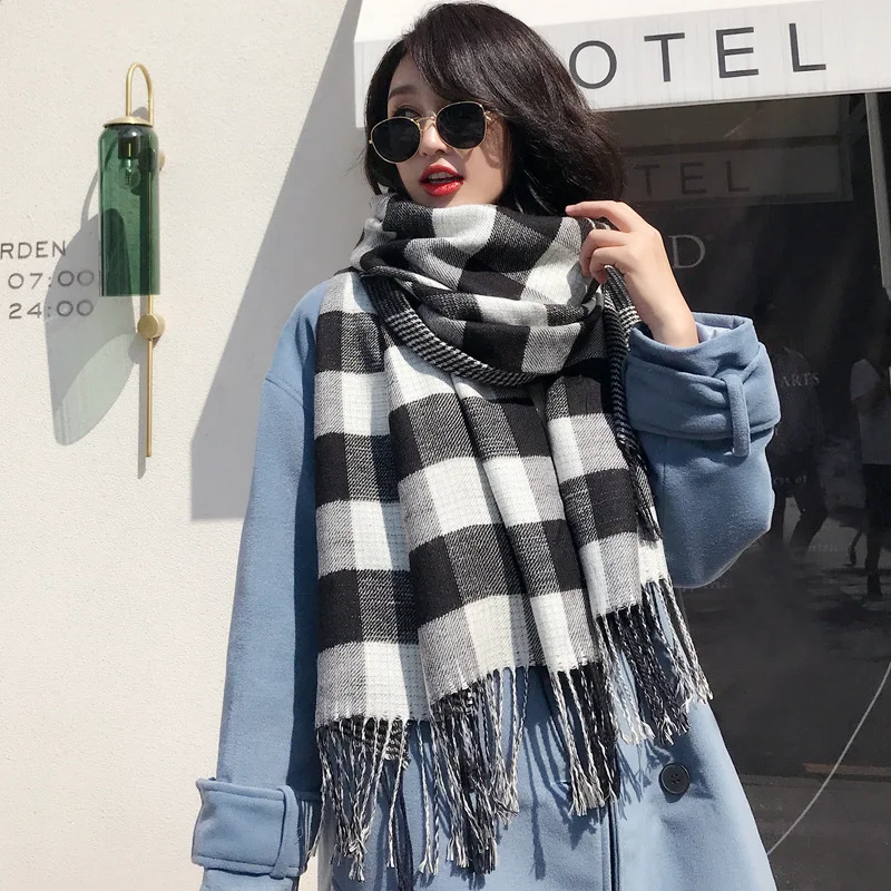 Корейский высокое качество плед кисточкой зимний шарф женский длинный кашемировый теплый толстый шарф для женские пончо laides шарфы шаль - Цвет: Черный