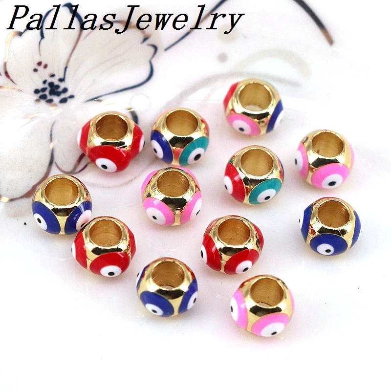 

20Pcs Enamel Evil Eye on Round Spacer Beads, Gold Filled Evil Eye Large Hole Spacer Connectors DIY Supply 9mm