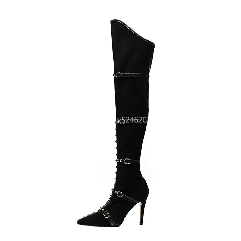 Botines Mujer/высокие сапоги модные женские сапоги до бедра с заклепками и ремешками женская обувь черного цвета с острым носком на высоком каблуке 8/10 см - Цвет: 10cm