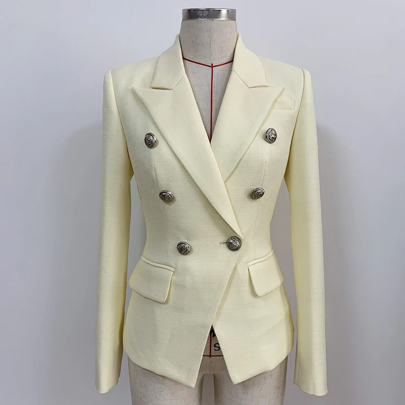 HIGH STREET Newest 2024 Classic Designer Blazer Women's Lion Buttons Double Breasted Slim Fit Textured Blazer Pastel yellow 3