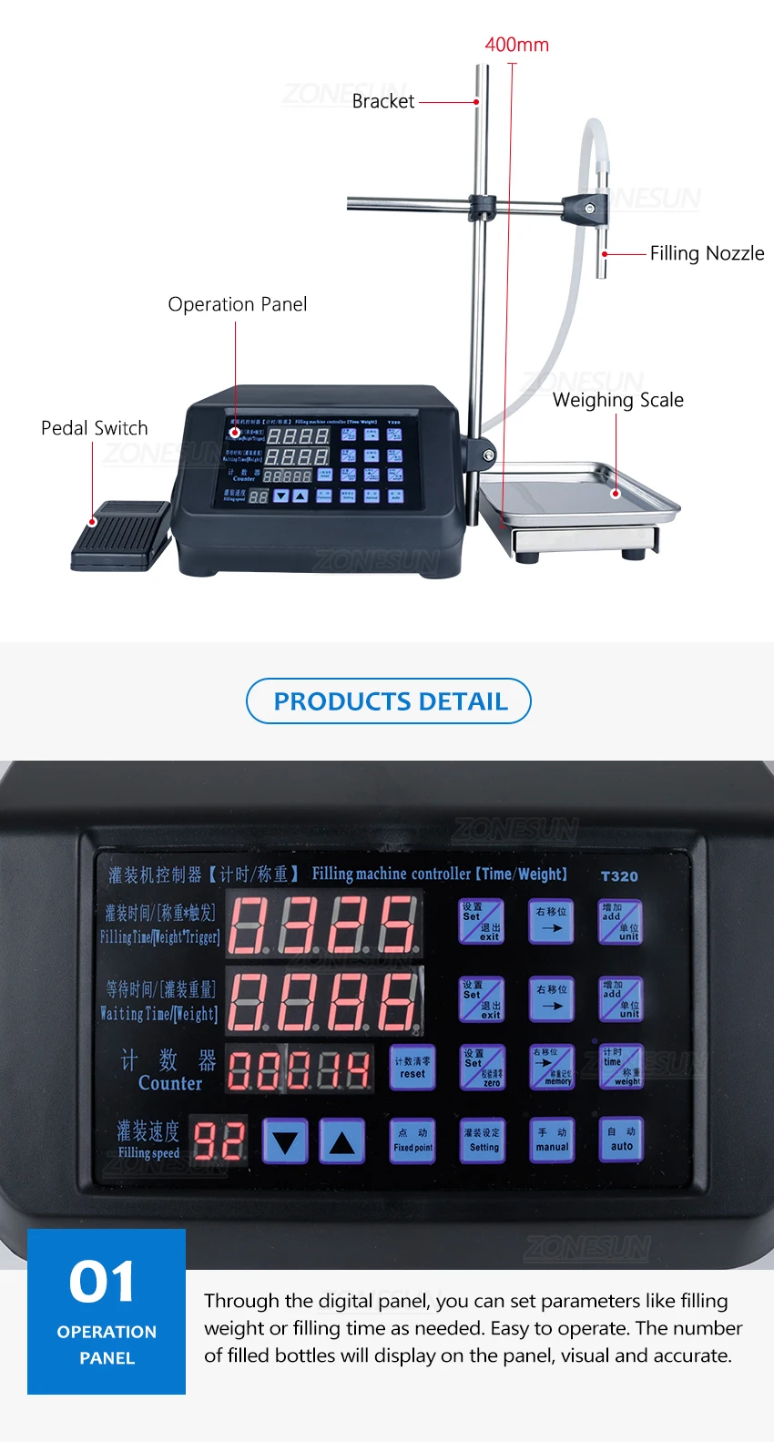 ZONESUN ZS-DPYT320 Máquina de pesagem de enchimento de líquido com bomba de diafragma semiautomática