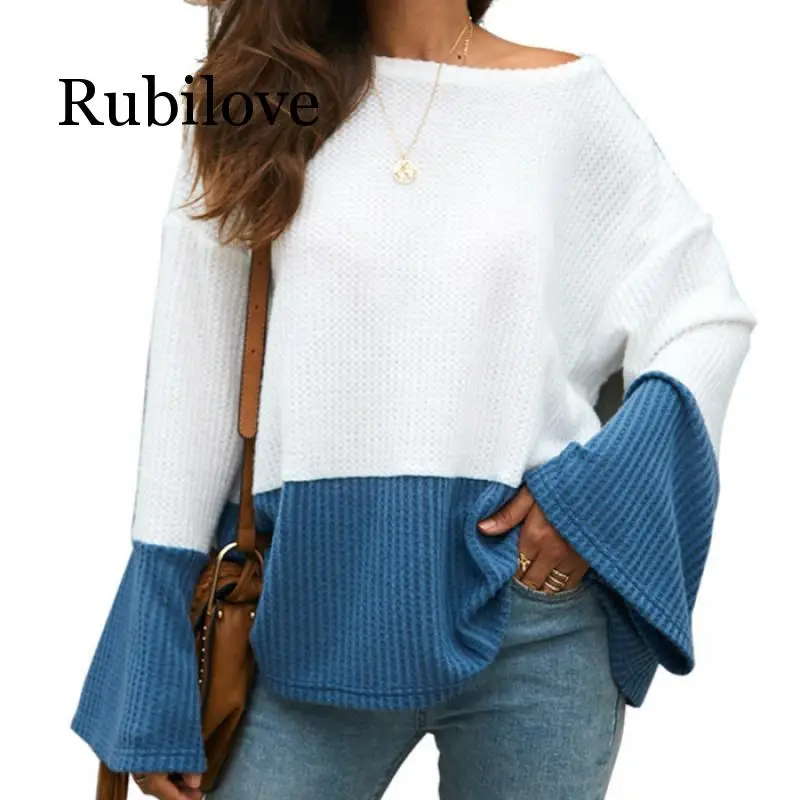 

Rubilove Women Sweater Pullover Knitted Jumper Fluffy Cold Shoulder Ladies Sweaters Patchwork Flare Sleeve Volumetric Sweater Au