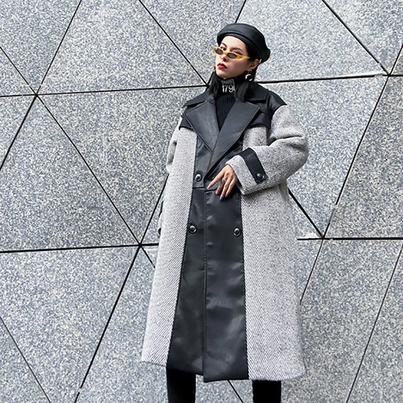 Женская мода осень зима свободный крой серый из искусственной кожи Сплит большой размер шерстяное пальто парки Новые Длинные рукава 2020NEW