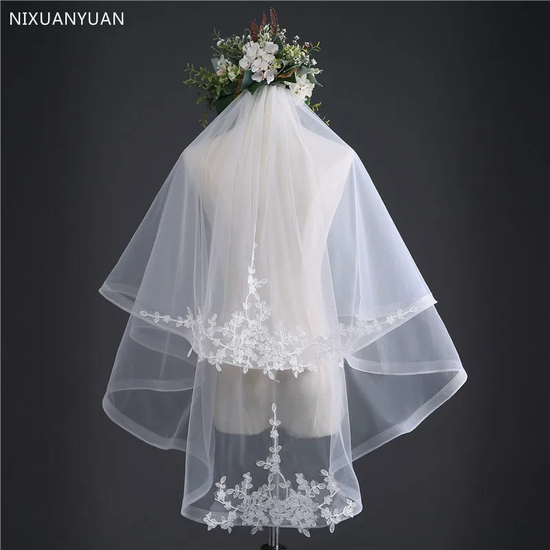 

Short 2 Layer High Quality Cheap Wedding Veils Lace Edge Wedding Accessories Bridal Veil Velos De Novia