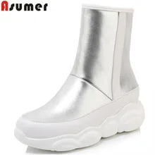 Asumer, большие размеры 34-46, модные зимние ботинки женские ботильоны на плоской платформе с круглым носком на молнии теплые зимние ботинки на молнии г. Новинка