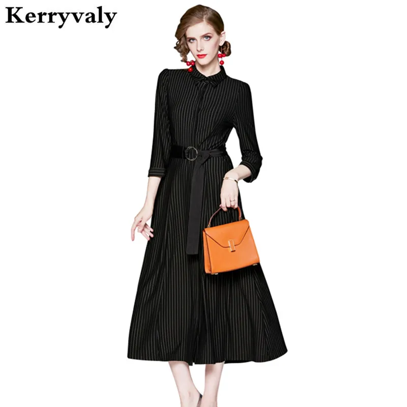 

Autumn Black Striped Shirt Office Dress Women Long Design Ladies Dresses Vestidos Invierno 2019 Mujer Robe Blanche Sukienki K387