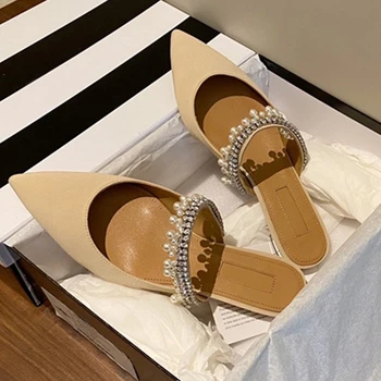 

Shoes Woman Slippers Ballerinas Flats Beaded Crystal Embellished Leather Pointed Toe Women Muller Shoes 2020 Summer Collection