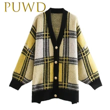 PUWD, модный весенний и осенний клетчатый вязаный кардиган с v-образным вырезом и длинным рукавом, женский свободный ретро свитер без застежки