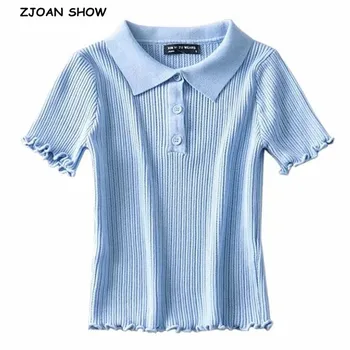 

2020 Wood ears POLO Lapel Hollow Out Hole Stripe Line Short sleeve Sweater Women Knitted Tight Cardigan Slim Cropped Sweater