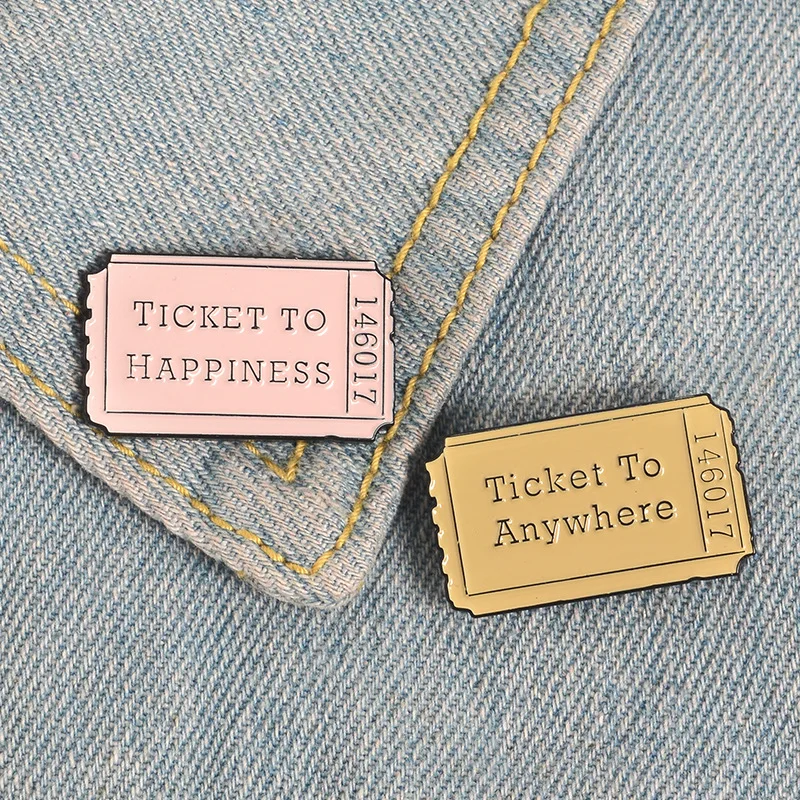 

Tickets to Happiness Anywhere Enamel Pins Custom Vintage Ticket Brooches Bag Clothes Lapel Pin Badges Creative Jewelry Gift