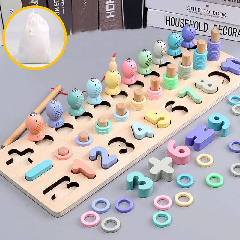 3 in 1 Wooden Montessori Toys for Toddlers Numbers Puzzle Sorting Shape Sorter Math Stacking &amp Counting Fishing Game Education | Игрушки и