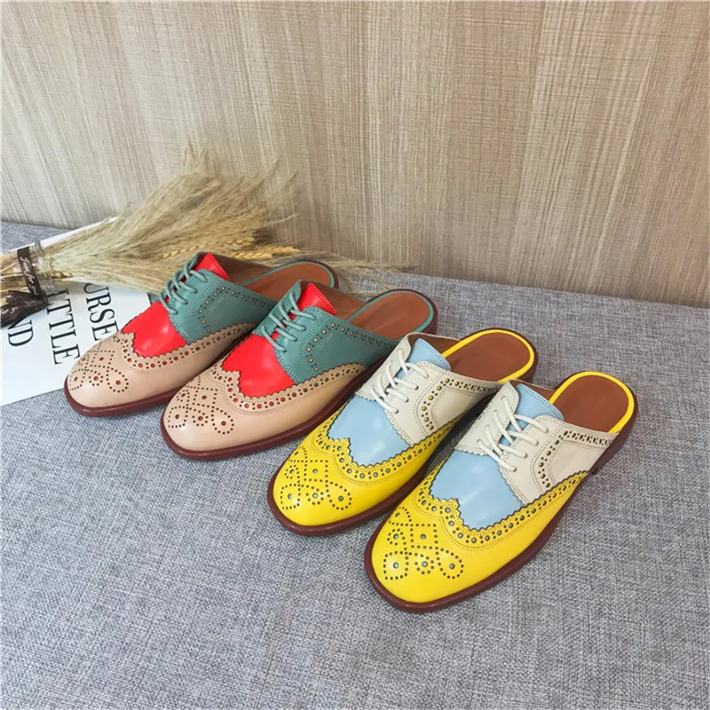 2020 Summer Slides Women's Shoes Carved Round Toe Flats Heel Brogues Mules Shallow Mouth Color Block Oxford Shoes Slippers Women (13)