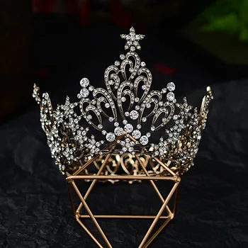 

Baroque Retro Bronze Black Crystal Star Round Bridal Tiaras Crown Rhinestone Diadem Pageant CZ Headband Wedding Hair Accessories
