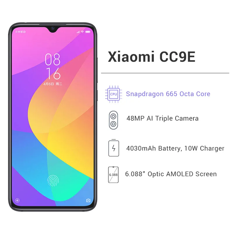 Xiaomi Mi CC9e, 6 ГБ ОЗУ, 128 Гб ПЗУ, мобильный телефон, Восьмиядерный процессор Snapdragon 665, экран 6,088 дюйма AMOLED, камера 48 Мп+ 32 МП, аккумулятор 4030 мАч