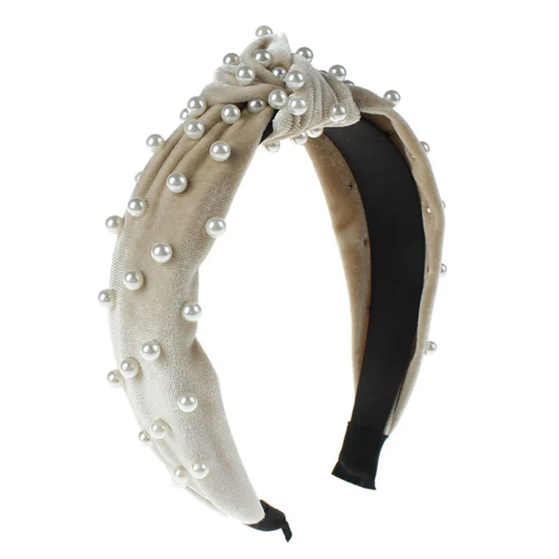 Flannel pearl headband women hair accessories 8 color sale scrunchie female opaska hair bands for women - Цвет: beige
