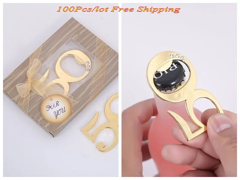 

(100 Pieces/lot) Gold Wedding celebration favors of 50th bottle opener favors for 50th wedding Anniversary gifts and Party favor