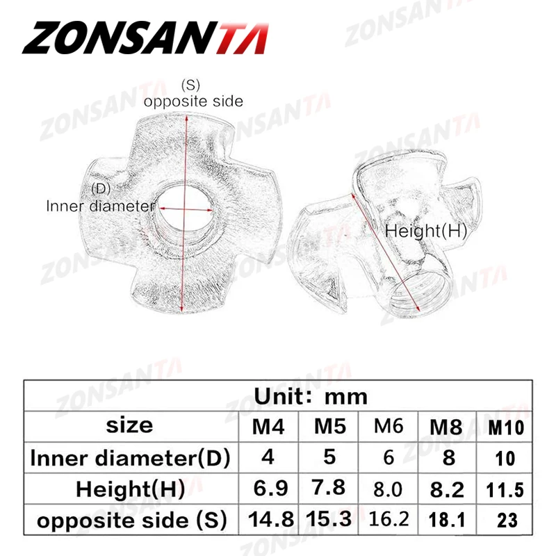 30Pcs 4-Pronged Tee Nut M4 M5 M6 M8 M10 Four Claws Nut Speaker T-nut Blind Pronged Insert Tee Wood Furniture ZONNSANTA