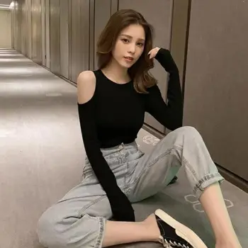 

Autumn Off-the-shoulder Sweater Black Korean Style Female Loose Wear Knitted Warm Fall Long Jumpers