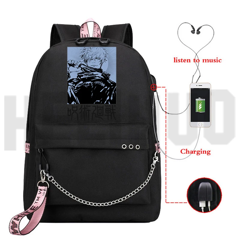 

Jujutsu Kaisen Backpack Kawaii School Bags for Teenage Girls Mochila with Chains Softback Bookbag Women USB Charging Travelbags