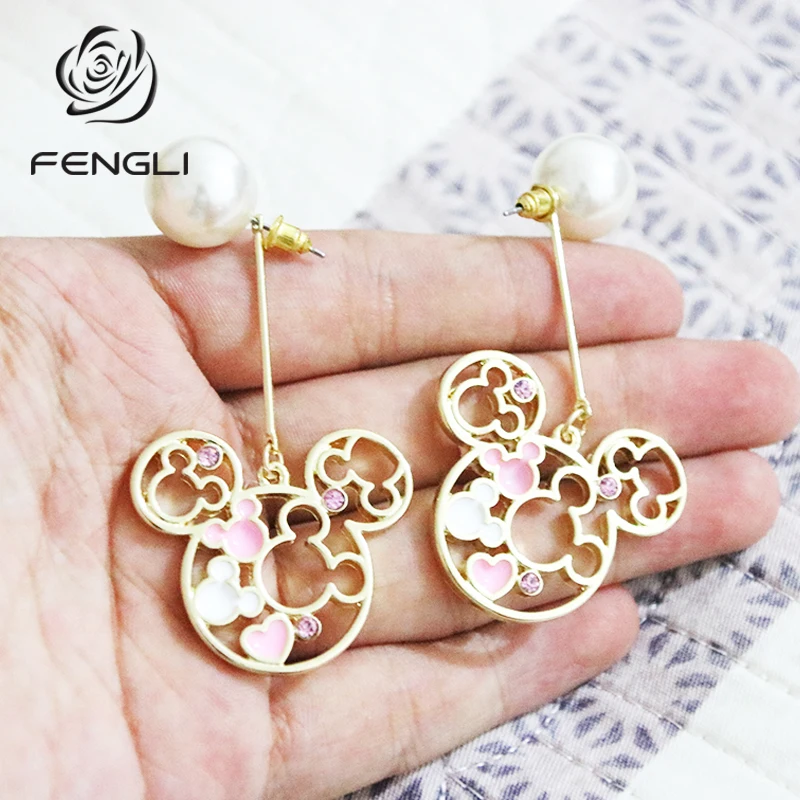 

FENGLI Golden Mickey Stud Earrings for Women Dripping Oil Mouse Imitation Pearls Earring Party Minnie Ear Studs Jewelry