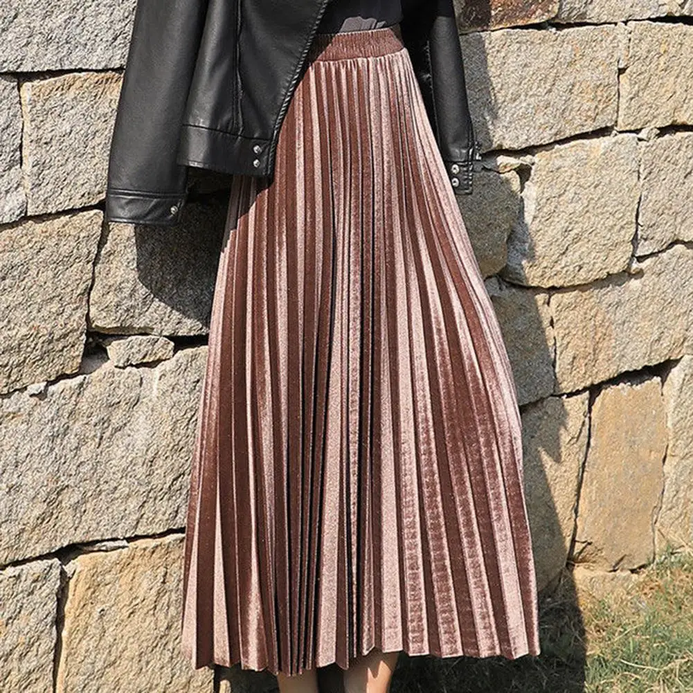 

HOT SALES!!! New Arrival Chic Women Solid Color Elastic Waistband Pleated Velvet Large Swing Long Skirt Wholesale Dropshipping