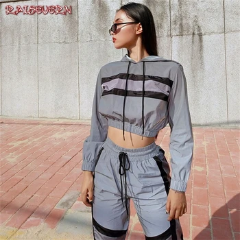 

RAISEVERN Arrival Women Reflective Two Pieces Sets Silver Pactwork Crop Top Sweatshirts Hooded Elastic Drawstring Pant Tracksuit