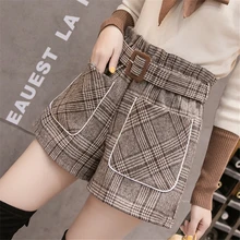 Клетчатые Шерстяные шорты для женщин; коллекция года; сезон осень-зима; свободные широкие брюки с поясом; офисные рабочие ботинки; шорты; большие размеры