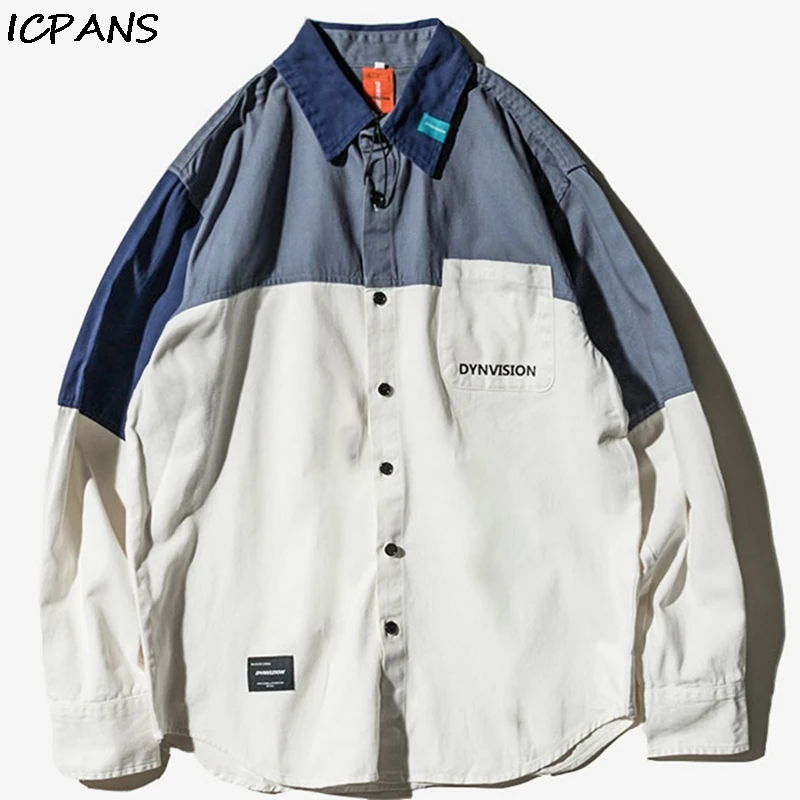 

ICPANS Color Block Patchwork Long Sleeve Dress Shirts Harajuku Casual Button Down Shirt Men Fashion Hip Hop Streetwear Tops