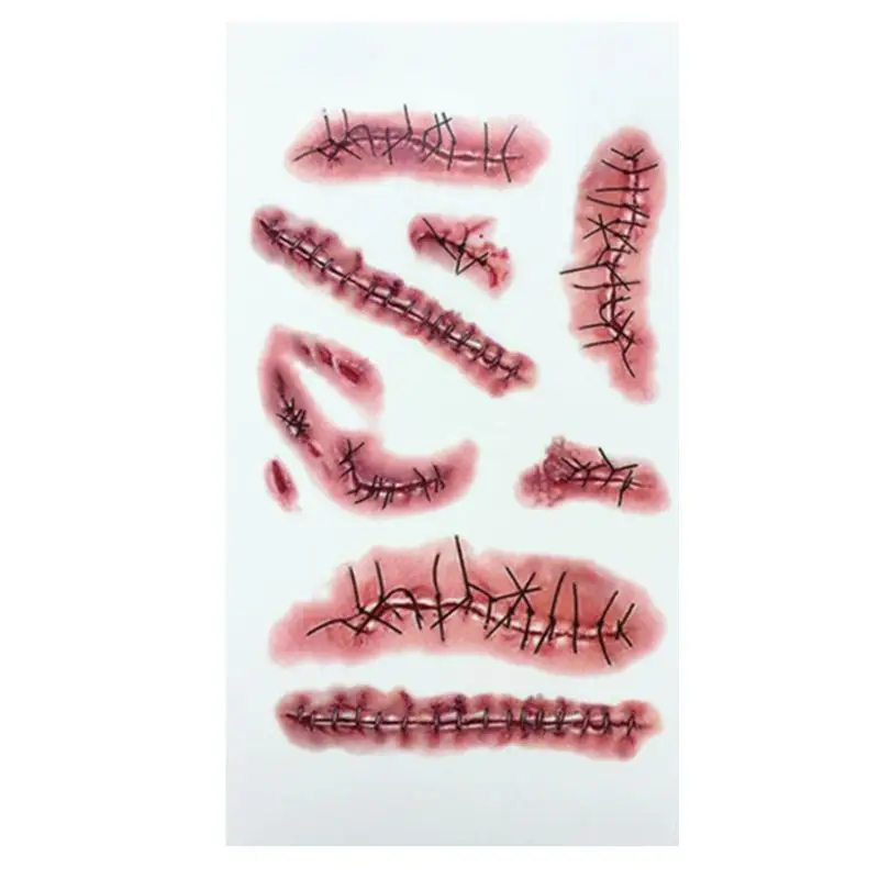 10 Sheets Halloween Waterproof Temporary Tattoo Sticker Horror Realistic Fake Bloody Wound Stitch Scar Scab Cosplay Makeup Props - Цвет: A